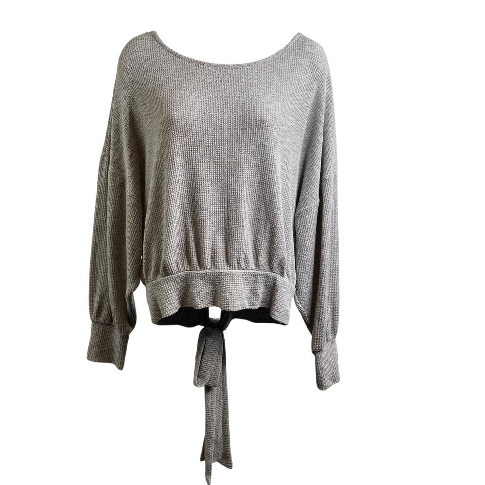Express Gray Waffle Knit Dolman Sleeve Sweater M  Y2K Boho Tie Hem Cozy Layering